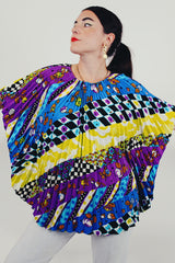 vintage multicolor floral pleated blouse