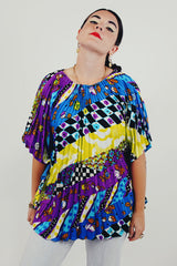 vintage multicolor floral pleated blouse