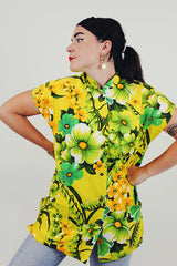 vintage yellow hawaiian print button up smock