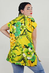 vintage yellow hawaiian print button up smock back