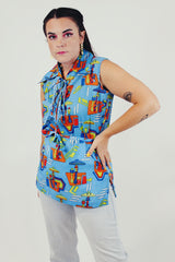 blue vintage printed blouse with ties side