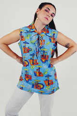 blue vintage printed blouse with ties