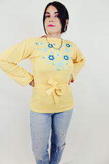 vintage yellow sweater with embroidered blue flowers