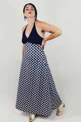 vintage gingham printed halter maxi dress