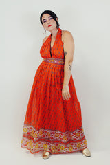 orange vintage maxi halter dress front