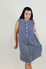 blue and white sleeveless shift dress