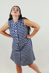 blue and white sleeveless shift dress