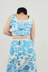 blue white Floral printed skirt and top set back