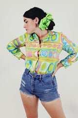 vintage printed long sleeve button up front