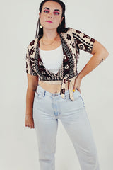 Brown tan Hawaiian print wrap crop top front