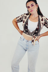 Brown tan Hawaiian print wrap crop top front