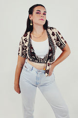 Brown tan Hawaiian print wrap crop top front