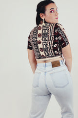 Brown tan Hawaiian print wrap crop top back