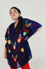 embroidered blue batwing blouse model