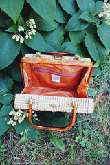 Vintage handmade straw box purse open