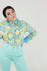vintage pastel yellow blue button up blouse front