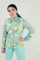 vintage pastel yellow blue button up blouse