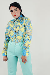 vintage pastel yellow blue button up blouse front