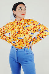 Bird print yellow button up side