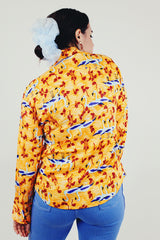 Bird print yellow button up back