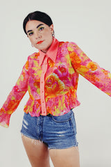 orange pink sheer vintage floral blouse