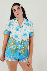 blue gold vintage floral top front
