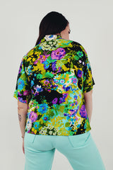 vintage black neon short sleeve button up blouse back