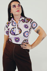 pink vintage half button blouse front