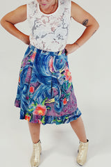 vibrant vintage midi skirt with ruffle bottom front