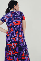 vintage short sleeve purple and red dress back