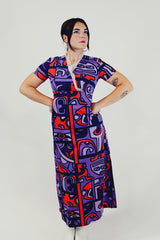 vintage short sleeve purple and red dress front