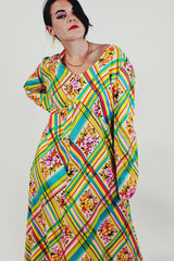 colorful vintage floral maxi dress model