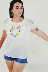 White Embroidered Puff Sleeve Blouse Model