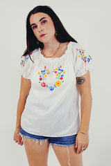 White Embroidered Puff Sleeve Blouse Model