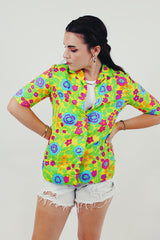 neon button up floral vintage blouse front