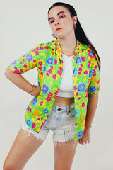 neon button up floral vintage blouse unbuttoned
