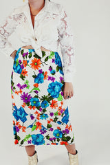 floral printed midi skirt with tie front closeup