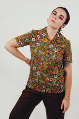 vintage short sleeve floral print half button blouse