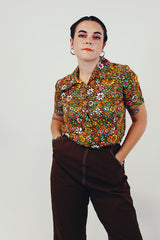 vintage short sleeve floral print half button blouse