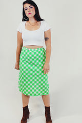 Green checkered seersucker midi skirt front