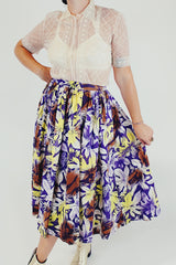 Purple yellow Hawaiian floral print pleated skirt