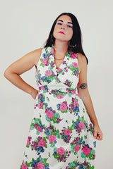 vintage sleeveless white pink floral maxi dress closeup