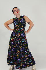 high neck vintage printed maxi dress front