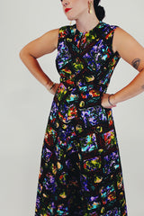 high neck vintage printed maxi dress close up