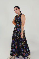 high neck vintage printed maxi dress side