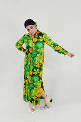 green vintage Hawaiian button up dress model