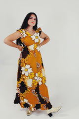 Ruffle sleeve yellow Hawaiian print maxi dress side