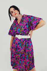 Pink blue purple floral printed mini dress with belt