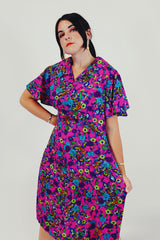 Pink blue purple floral printed mini dress model