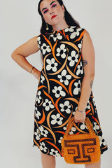orange black vintage floral mini dress front